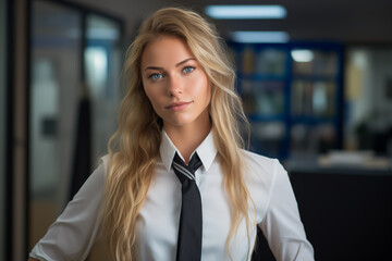 Fototapeta premium Young pretty blonde girl business uniform