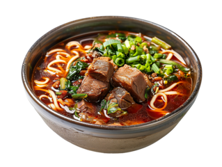 a bowl of chinese style beef - shank noodle soup isolated. Solid white background PNG