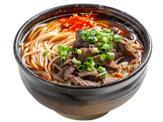 a bowl of chinese style beef - shank noodle soup isolated. Solid white background PNG