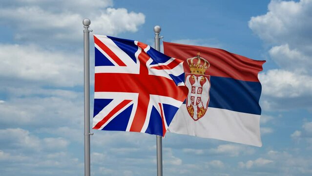 Republic of Serbia and United Kingdom two flags waving together, looped video, two country cooperation concept