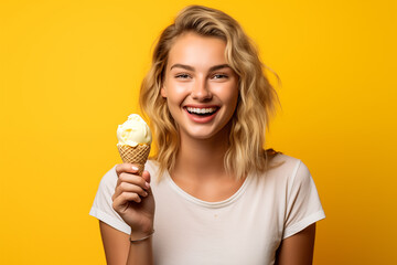 Young pretty blonde girl over isolated colorful background with a cornet ice cream