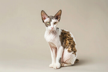 Playful Cornish Rex cat with wavy fur large ears and almond-shaped eyes sits on a neutral background