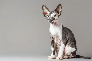 Playful Cornish Rex cat with wavy fur large ears and almond-shaped eyes sits on a neutral background - obrazy, fototapety, plakaty