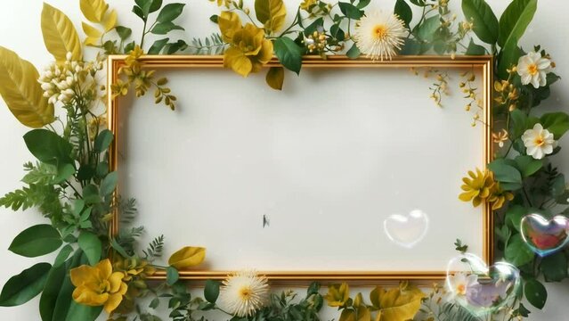 Spring Themed Frame with Copy-space. Plant Foliage on White. Seamless looping 4k video animation.