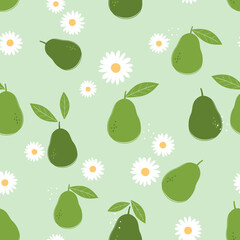 Seamless pattern with avocado with green leaves and cute daisy flower on green background vector. Cute fruit print.
