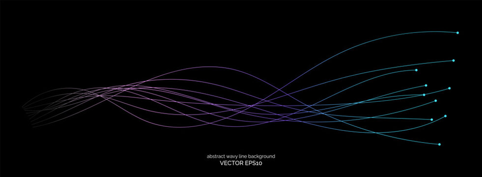 Abstract wavy dynamic blue green parple light lines curve banner on black background in concept technology, neural network, neurology, science, music, neon light.