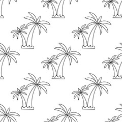 Seamless pattern Palm trees. Tropical tree. Hand drawn vector illustration. line doodle coloring background. Botanical Garden. Vacation on the beach. Exotic plant.