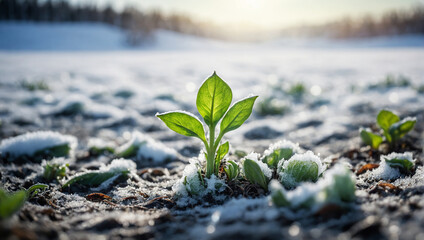 Young green sprout emerging from snowy frozen ground announcing end of winter end beginning of spring season

