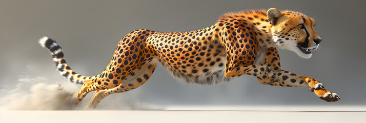 A 3D animated cartoon render of an athletic cheetah running in a race.