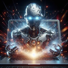 Robot emerging from a laptop screen.