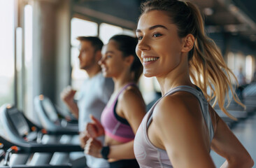 A group of people were running on the treadmill in a fitness club, wearing sportswear and smiling...