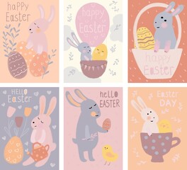 Fototapeta na wymiar Set of Easter cards. Bunny and eggs with delicate pastel colors. Drawn in pastel and marker style.