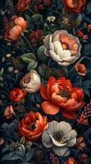 Vintage Ornate botanical illustration featuring a variety of elegant flowers in full bloom