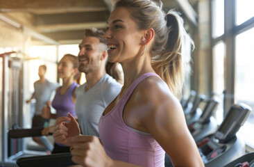 A group of people were running on the treadmill in a fitness club, wearing sportswear and smiling at the camera