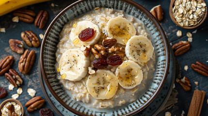 A photo featuring a hearty oatmeal bowl garnished with sliced bananas, nuts, and a drizzle of honey, captured from a bird's-eye view. Highlighting the creamy texture of the oats