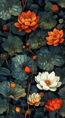 A detailed botanical artwork depicting various stages of lotus flowers and leaves