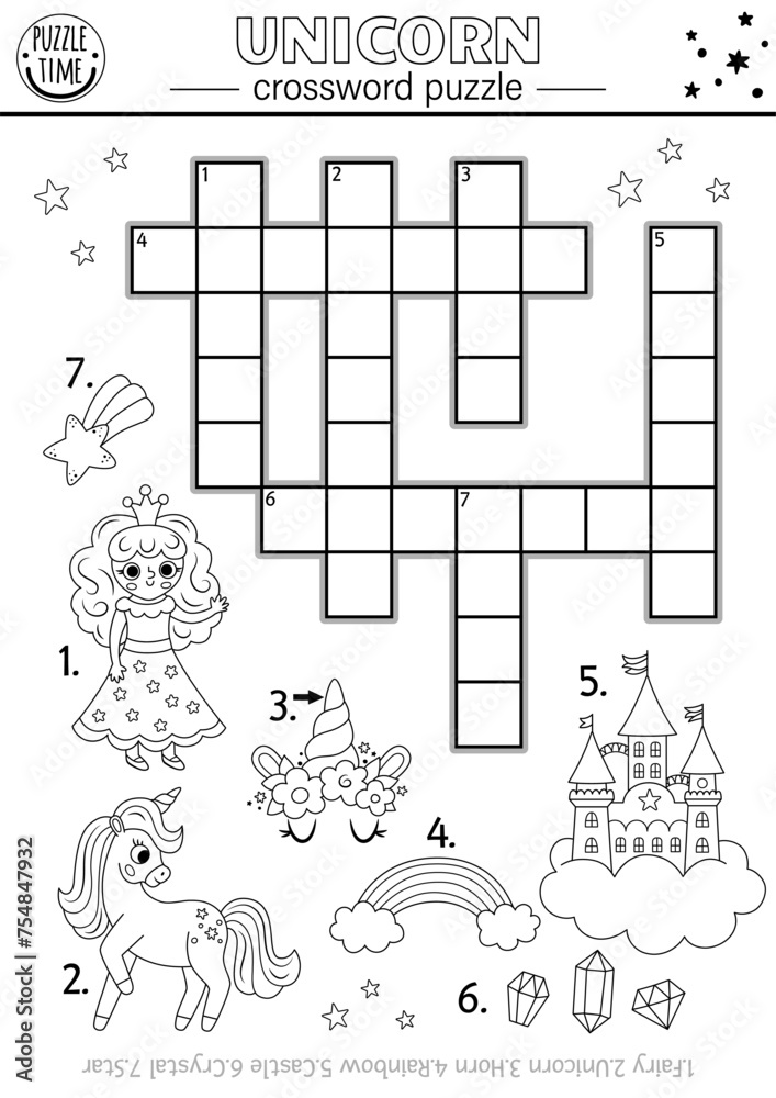 Wall mural vector black and white unicorn crossword puzzle for kids. fantasy country quiz with fairy, rainbow,  - Wall murals