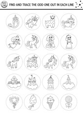 Find the odd one out. Unicorn black and white logical activity for kids. Fantasy or magic world quiz, worksheet or coloring page. Printable fairytale game with fairy, mermaid, narval, castle.