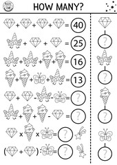 Fairytale black and white how many crystals game, equation or rebus. Unicorn line math activity. Magic world printable counting worksheet or coloring page for kids with ice cream, butterfly, horn.