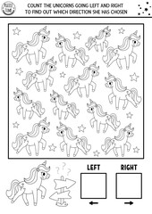 Unicorn black and white logic game with right and left concept for kids. Line I spy searching, counting activity with cute horse. Fairytale printable space orientation worksheet, coloring page.