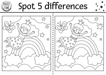 Unicorn black and white find differences game for children. Fairytale line educational activity with fairy girl sliding down the rainbow on night sky. Cute puzzle or coloring page for kids.