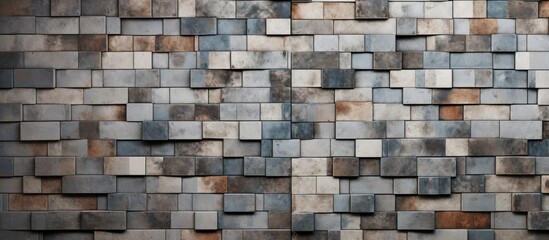 A wall constructed using small squares of different colors. The squares are made of old rectangle ceramic tiles filled with concrete, creating a textured background. - obrazy, fototapety, plakaty