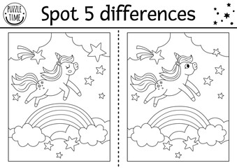 Unicorn black and white find differences game for children. Fairytale line activity with horse jumping through rainbow, magic night landscape background. Cute coloring puzzle for kids  . - obrazy, fototapety, plakaty