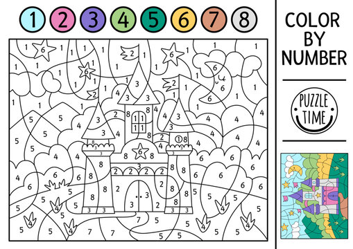 Vector Unicorn themed color by number activity with castle. Fairytale landscape scene. Black and white counting game with cute fantasy palace with flags and towers. Magic coloring page for kids.