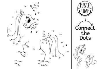 Vector dot-to-dot and color activity with unicorn. Fairytale connect the dots game for children with cute fantasy animal. Magic world coloring page for kids. Printable worksheet. © Lexi Claus
