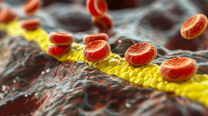 Close-up of cholesterol plaque in an artery with red blood cells illustrating health concepts - obrazy, fototapety, plakaty