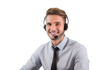 Young handsome blonde man with telemarketer headset on isolated chroma key background