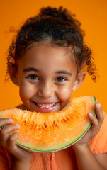 A happy beautiful child girl eating a slice of sweet and juicy melon, subject isolated on orange background