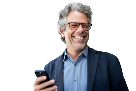 Middle aged man using mobile phone on isolated chroma key background