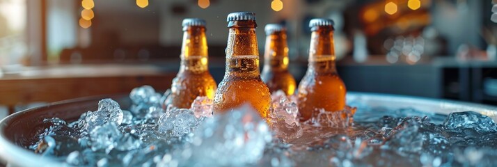 A home party setup with a bucket of chilled beer bottles, ice, and refreshing beverages. - obrazy, fototapety, plakaty