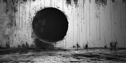 Fotobehang A terrifying black grunge circle with a dripping and scraped effect, creating a horror-themed abstract illustration. © Andrii Zastrozhnov