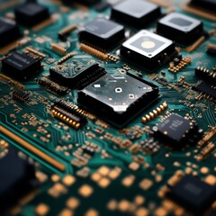 Fototapeta premium Printed circuit board. Background for banner, poster, flyer, advertising, wallpaper.