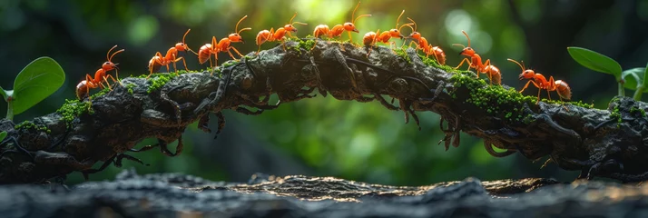 Foto op Canvas A natural woodland scene with ants, a forest stream, and vibrant plant life. © Andrii Zastrozhnov