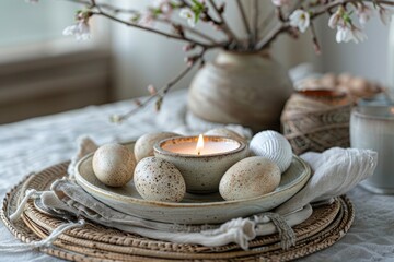 Obraz na płótnie Canvas Candle in a ceramic holder surrounded by spring blossoms and speckled eggs on a soft fabric backdrop