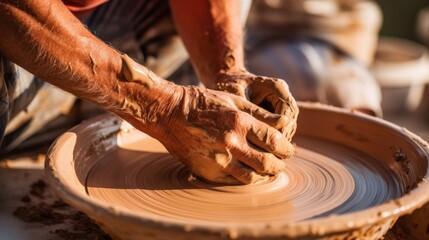 Craftsman shaping clay on rotating pottery wheel. - obrazy, fototapety, plakaty