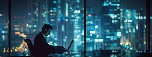 Businessman works intently on his laptop against the backdrop of a city night lights