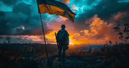 Soldiers with Ukrainian National Flag Silhouetted against a Sunset Sky