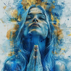 Watercolor Woman Praying in Ukrainian National color blue and yellow