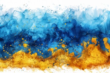 Abstract Watercolor Explosion with Dynamic Splatters in Ukrainian National color blue and yellow