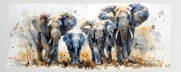 A painting of four elephants and one baby elephant - obrazy, fototapety, plakaty