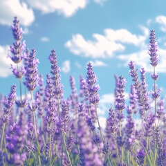 Close-up of lavender flowers against a blue sky. Aromatherapy and organic cosmetics concept. Generative AI