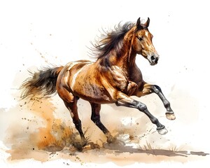 Watercolor Brown Horse Galloping in Desert, To convey a sense of freedom, motion, and wildness, the brown horse galloping in the desert is an ideal