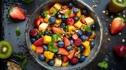 A photo featuring a colorful fruit salad served in a decorative bowl. Highlighting the vibrant hues...