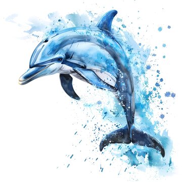 Joyful Dolphin Leaping in Watercolor Splash, To provide a visually appealing and unique image of a dolphin for commercial and advertising use,