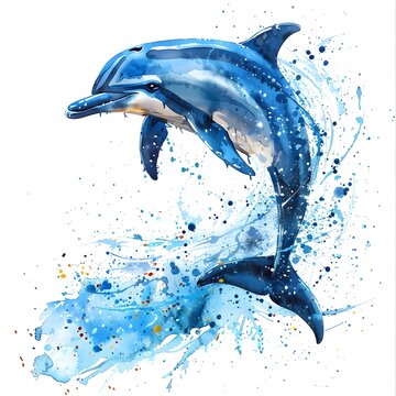 Vibrant Watercolor Dolphin Leaping in Joy, To provide a striking and unique image of a dolphin for use in graphic design