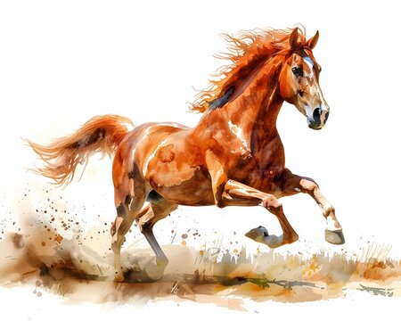 Watercolor Horse Running in Field, To provide a captivating and emotive image of a horse in motion for use in a variety of contexts such as